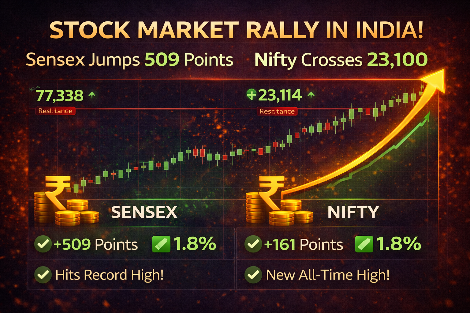 Sensex jumps 509 points Nifty crosses 23100 stock market rally India chart